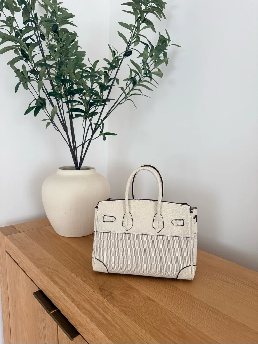 Cream Structured Faux Leather Handbag Bag with Gold Hardware